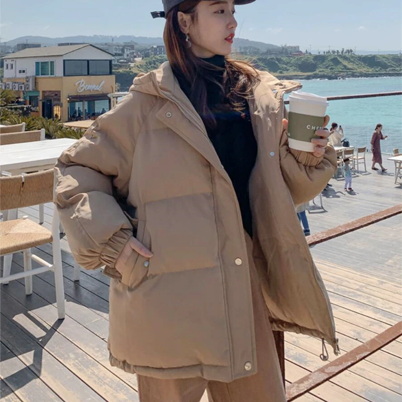 

2021 Корейская зимняя куртка, парки, Женская хлопковая куртка, парка с капюшоном, теплая Женская хлопковая стеганая куртка, повседневная верх...