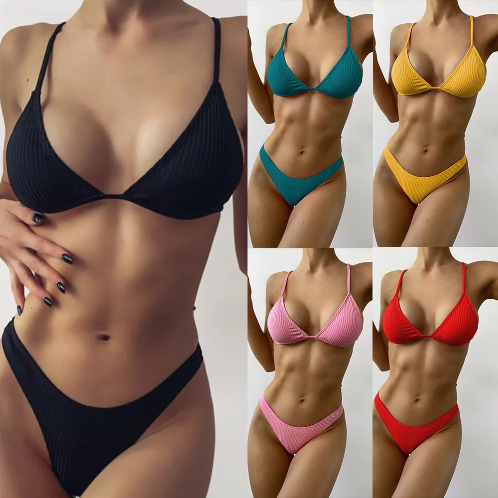 2021 Ladies New Summer Swimsuit Solid Color Pit Strip  Bikini Set sexy thong Swimsuit Swimwear Wholesale