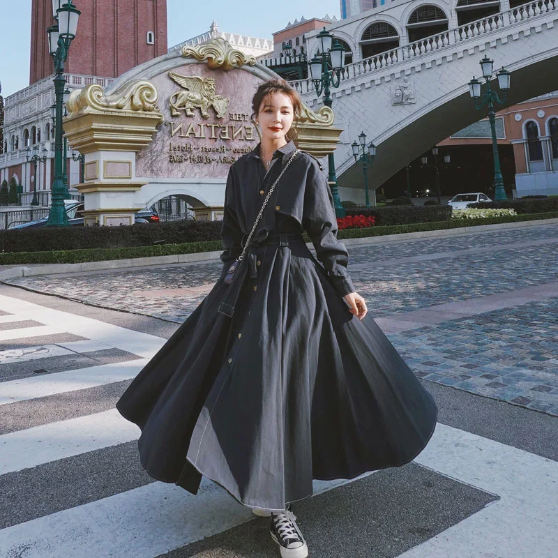 Женское Повседневное платье-Тренч с поясом длинное осеннее платье отложным