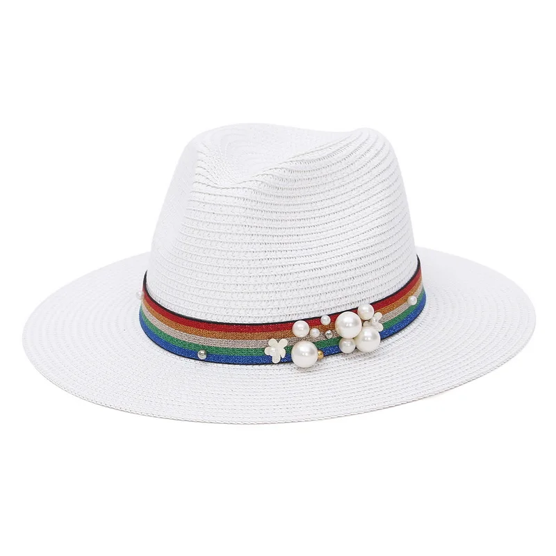 

15 Styles Summer Straw Sun Hat Pearl Ribbon Leather Trilby Jazz Women Chapeau Male Fedora Summer Beach Panama Hat Paper