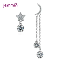 genuine sterling silver 925 women moon star asymmetry earrings aaa shiny cubic zircon drop dangle earring long female jewelry