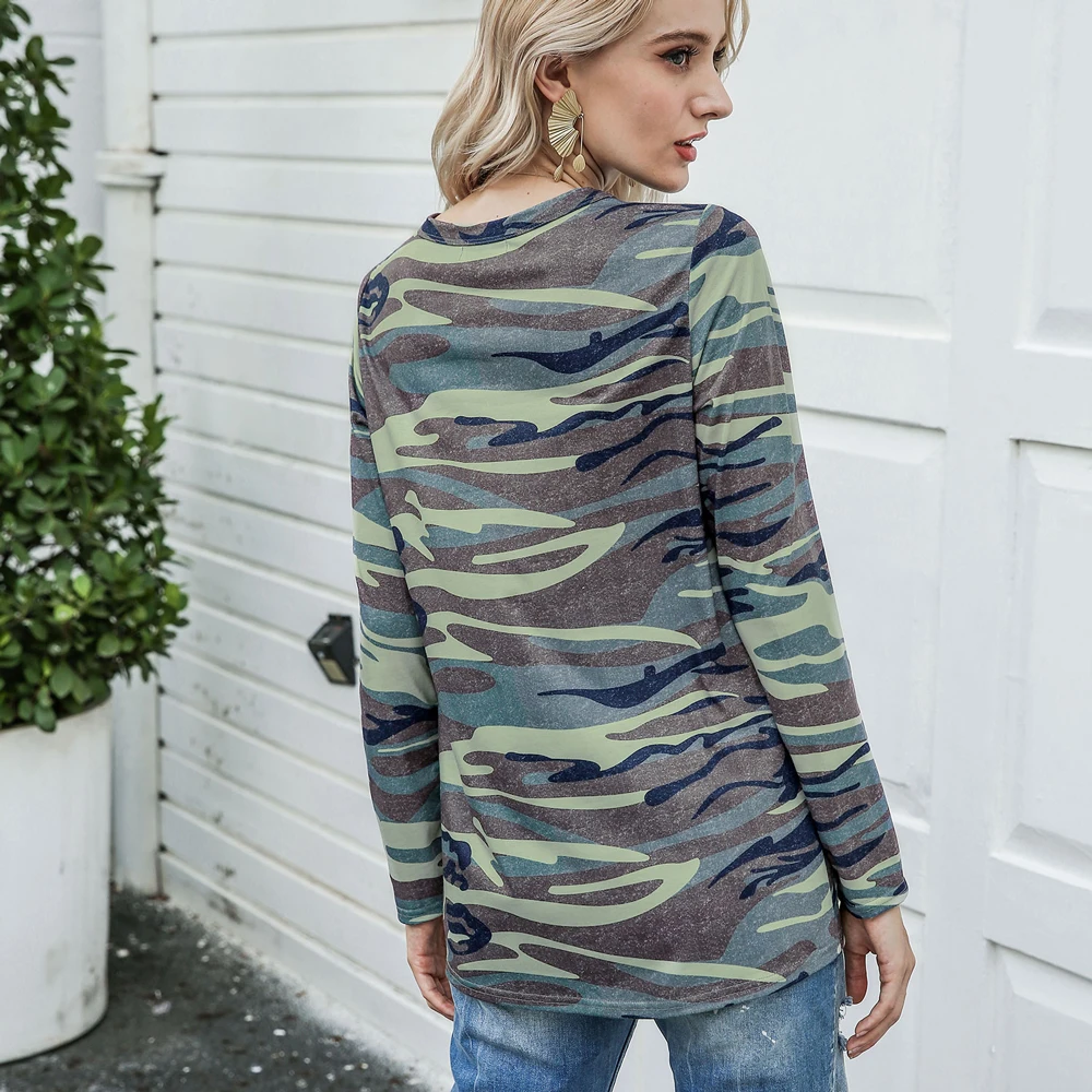 

2020 Women Halter V-Neck Clothes Long Sleeve Camouflage Stars Print Tie Dye Top Tee Female T Shirt Lady Knot t shirts Casual Top