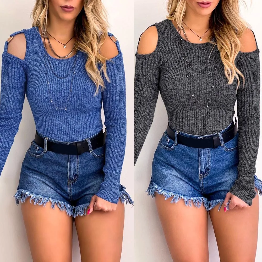 

FALL/WINTER 2020 New Sexy One-shouldered Slim Sweater Blue Gray Bodice Women's Long Sleeve Pullover Knit Women's Pullover