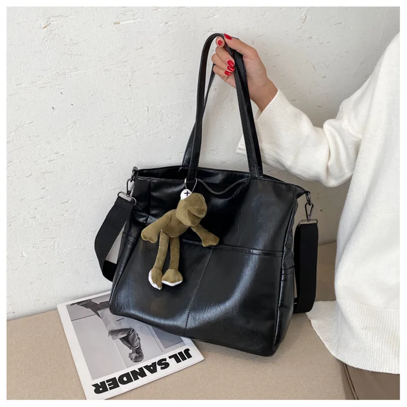 

Vintage Designers Casual Tote for Women PU Leather Soft Shoulder Handbags Black Bussiness Ladies Female Daily Shopping Tote Bag