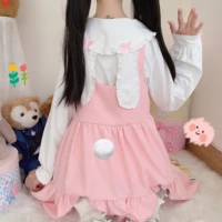 japan autumn kawaii lolita two piece suit cosplay loli bow rabbit ears shirt sweet soft girl sleeveless ruffles suspender dress