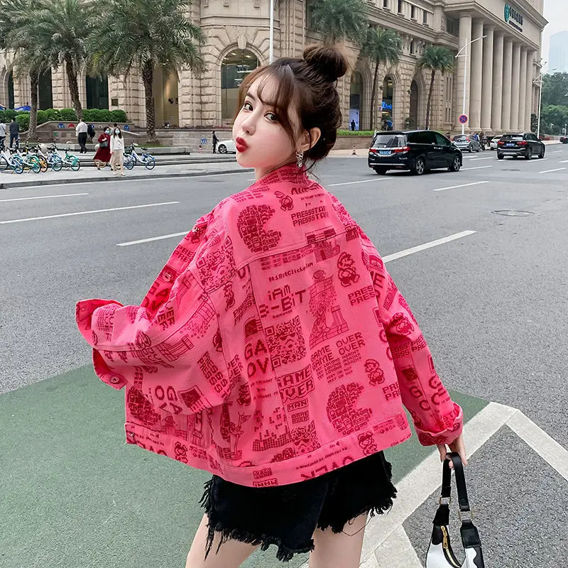 

Denim Jacket Women 's Spring And Autumn Korean Style Youth Printing Lapel Long Sleeve Loose Top