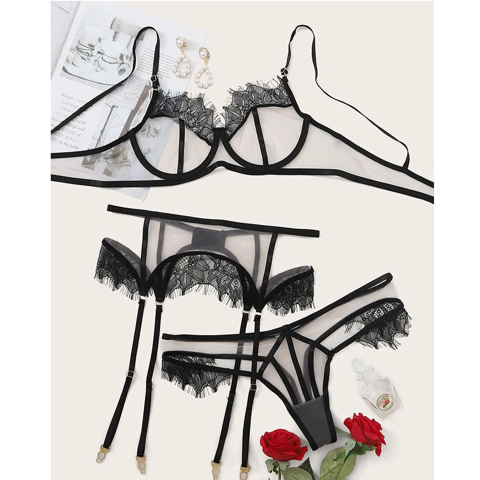 

3PCS Women's Underwear With Steel Ring Bra Briefs Sexy Lingerie Set Transparent Lace Exotic Sets Female Sexy Erotic Costumes
