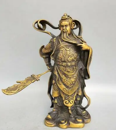 

9" Collect Chinese Bronze Guan Gong Yu Warrior God Dragon Sword loyalis Statue