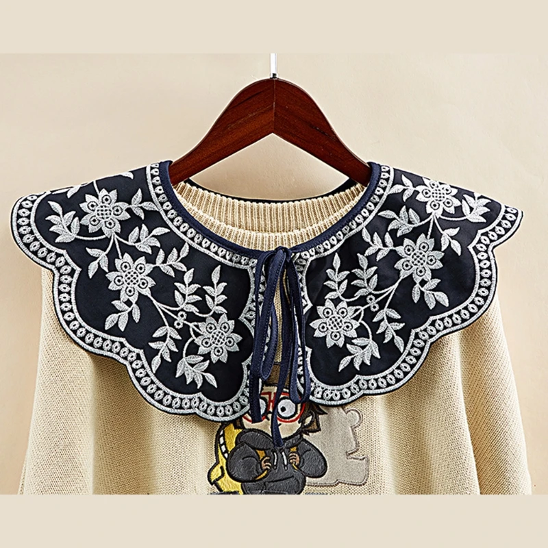 

Vintage Hanfu Lace-Up Shoulder Shawl Wrap Embroidery Floral Lace Scalloped Necklace Fake Collar Lapel Blouse Mini Poncho