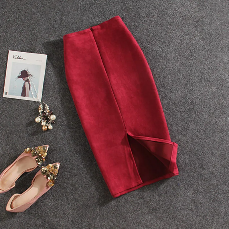 Новинка Женская замшевая юбка карандаш с высокой талией облегающая открытой