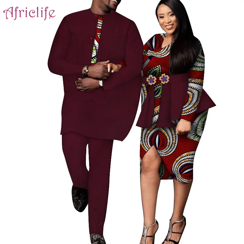Traditional African Couples Clothes for Fall Spring Wedding Dresses Men Pant Suit and Women Skirt Sets Couples Clothing WYQ418