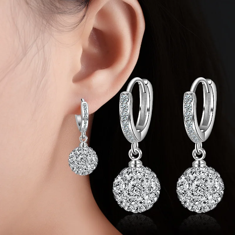 

925 Sterling Silver Crystal Round Ball Stud Earrings For Women Party Wedding Party Jewelry Pendientes Mujer Moda eh785