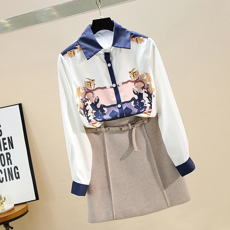 

Женская шифоновая блузка с отложным воротником, длинным рукавом и контрастным принтом