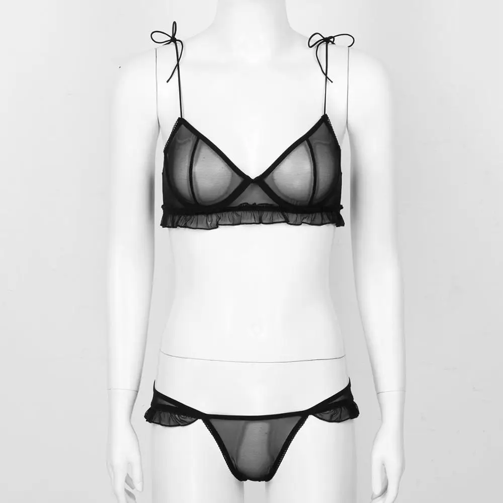 

Sexy Erotic Women Transparent Lingerie Set See Through Sheer G-String Ruffle Underwired Bra Top Low Rise Open Butt Underwear