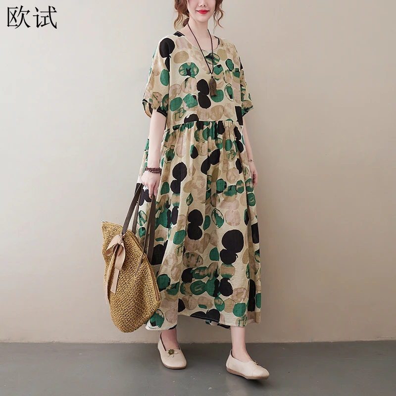

Oversized Summer Vintage Cotton Linen Dots Floral Dress for Women Korea Long Mujer Femme Dress Woman Fashion Ladies Dresses 2021