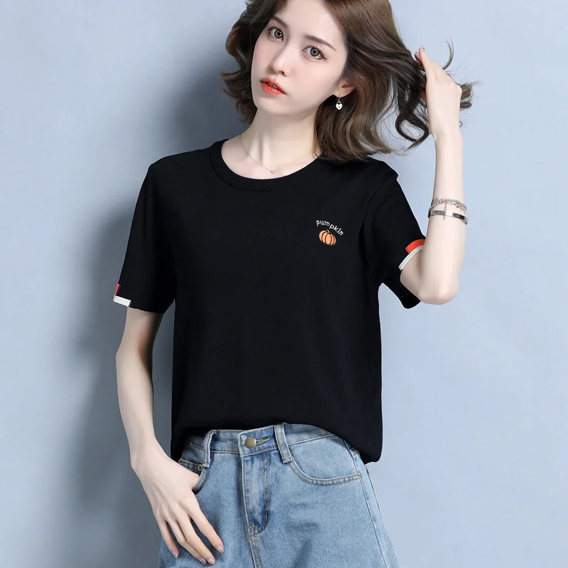 

Short-sleeved woman tshirts 2021 Summer New Thin Jacket Ice Silk Knitted Bottom Shirt T-shirt