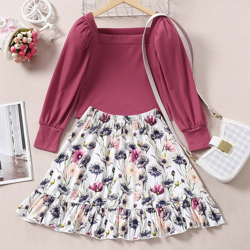 Girls Outfits Kids Clothes Girls 2 Pcs Sets Solid Long Sleeve Tops+flower Print Skirt Boho Children Clothes Spring Fall 5-10Y