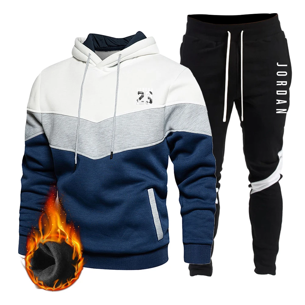 

2021 Latest Trend Patchwork Hooded Sweatshirt Sports Suit Fashion Version of Cotton + Polyester Casual Pants With Cap And Rope S