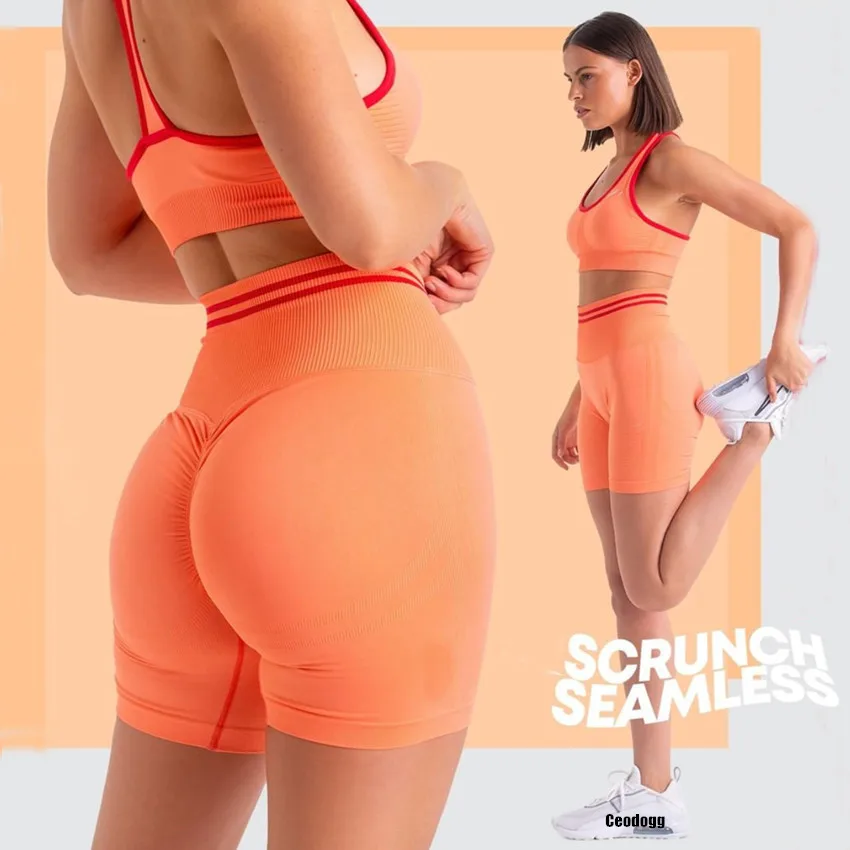 

Summer Women 2PCS Short Sets Seamless Gym Suits Workout Outfits Yoga Clothing Crop Tops Fitness Shorts Sports Bra Active Wear