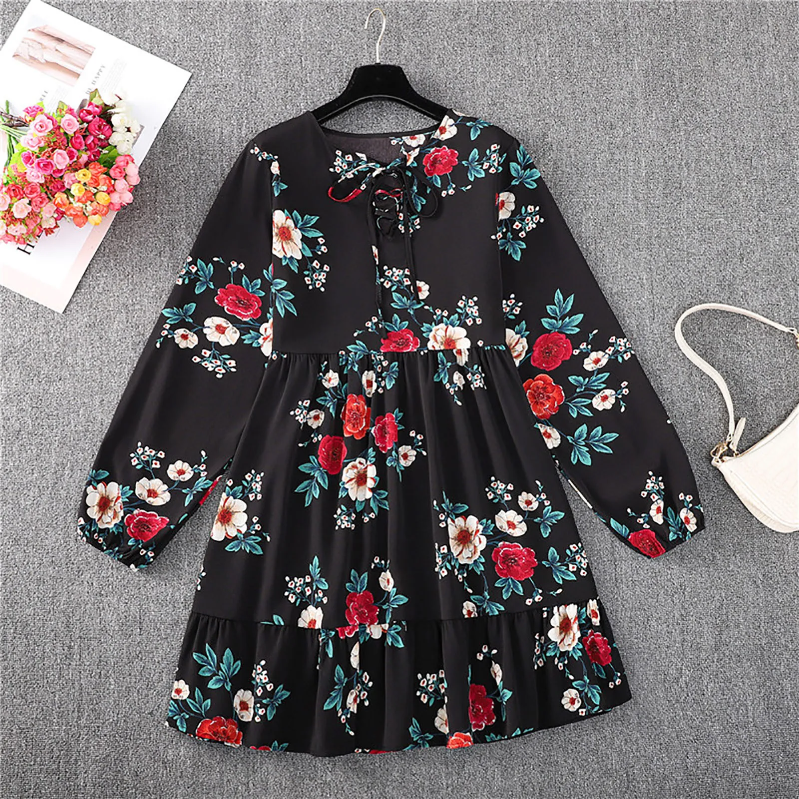 

Dresses For Women Casual V-neck Long Sleeve Summer Flower Print Knee-length Dress For Beach 2021
