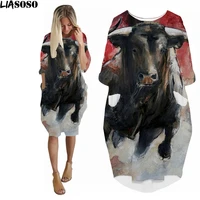 liasoso animal bull yak 3d printed dress women spanish bullfight loose long sleeve harajuku ladies dresses over the knee dress