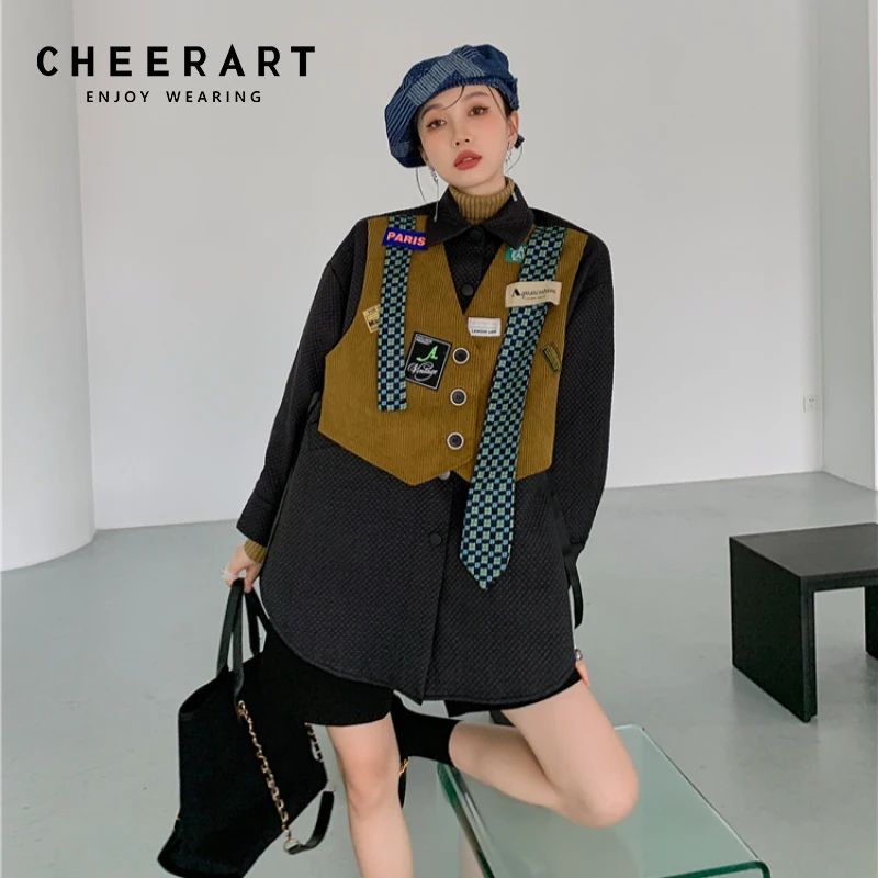 

Дизайнерские парки CHEERART в стиле пэчворк, стеганые куртки для женщин, черное зимнее пузырьковое пальто с воротником и галстуком, 2021, модная о...