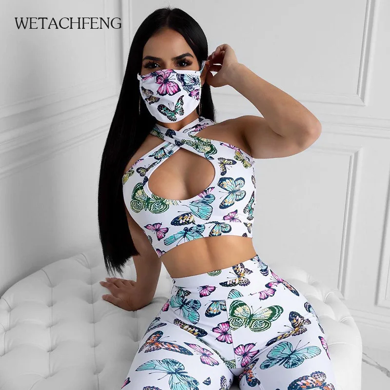 

Summer Sport Suit Print Butterfly Sexy Bodycon Tracksuit Women's Two Piece Sets Dresy Damskie Club Outfits Soft Girl Clothing