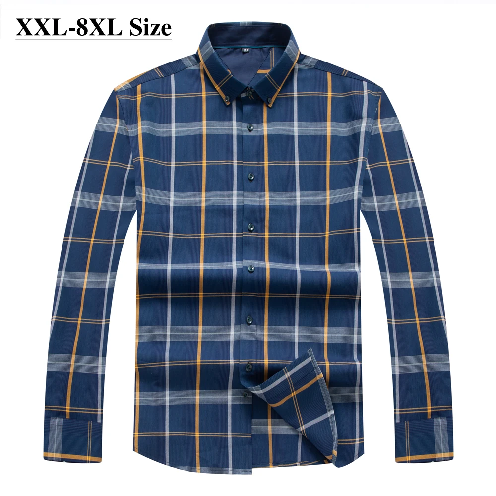 

Plus Size 6XL 7XL 8XL Autumn New Men's Plaid Long-sleeved Shirt Loose Casual Business Work Dress Shirts Brand Male Clothing