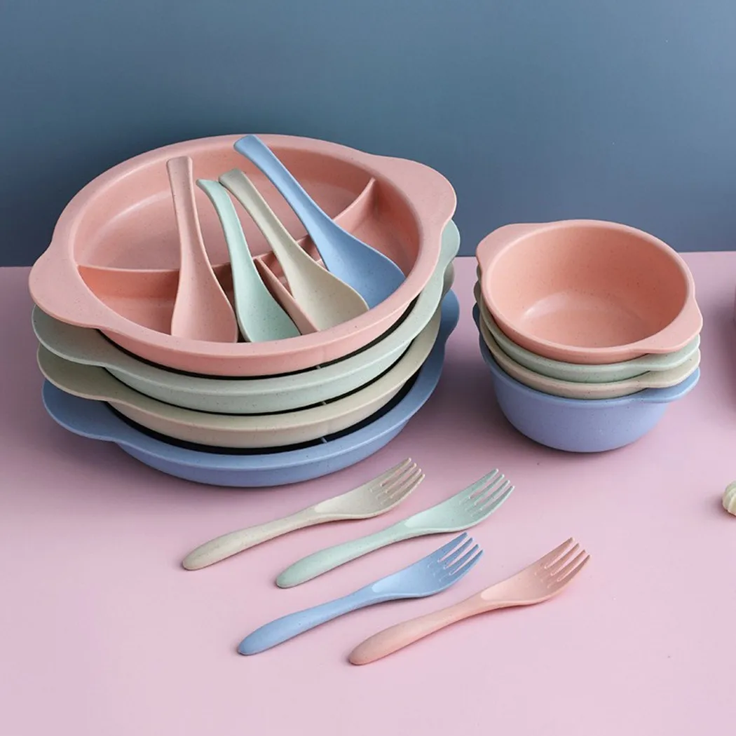 

4pcs Baby Feeding Tableware Kids Anti-hot Dinnerware Set Food Plate Compartment Tray Feeding Plate Training Bowl Spoon Fork