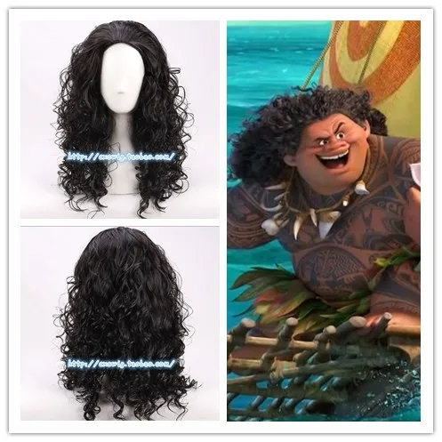 Хэллоуин мужские Moana Prince Maui черные пушистые длинные волосы Косплей кудрявый парик с сеткой для волос Мауи волнистые волосы