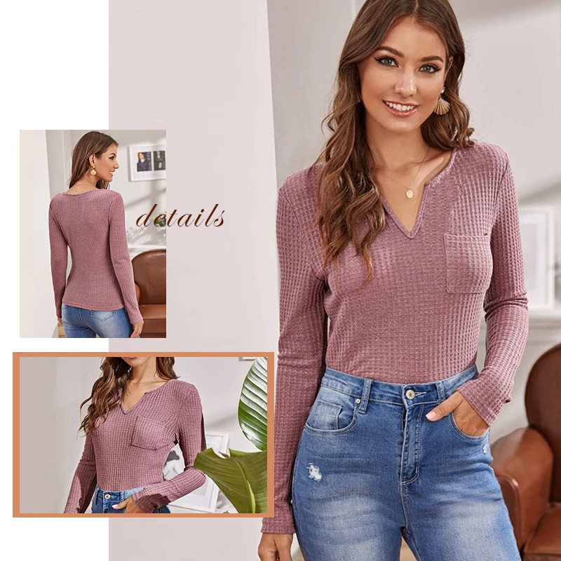 Sheinside, повседневная женская футболка с v-образным вырезом и карманом,, осенняя, элегантная, вафельная, вязанная футболка, топы для девушек, розовый, тянущийся топ с отделкой
