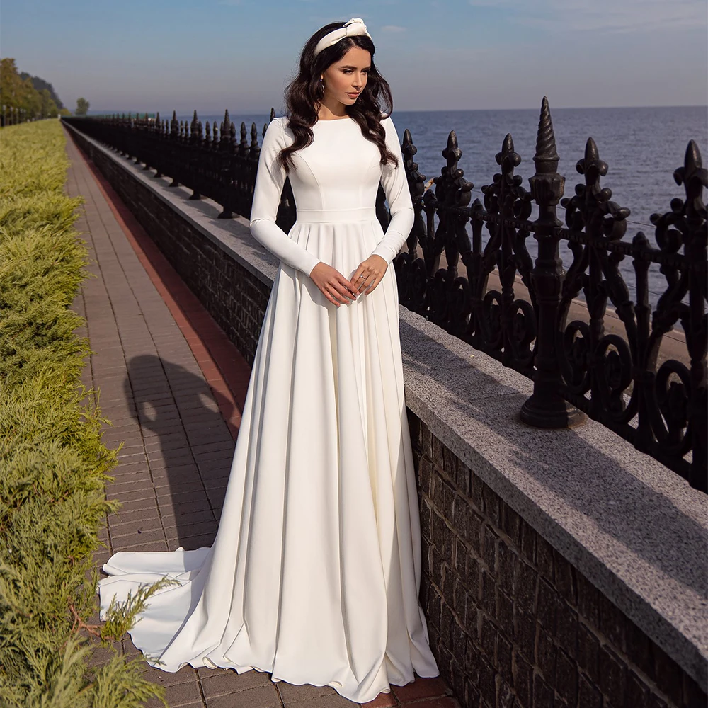 

Modest Muslim Wedding Dresses for Bride 2021 African Long Sleeves Scoop A Line Sweep Train Draped Skirt Bridal Gonws