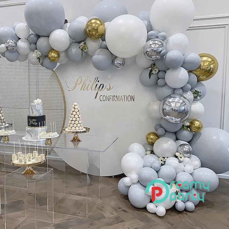 Воздушные шары гирлянда арочный комплект хром макарон серого белого цвета 4D цвет