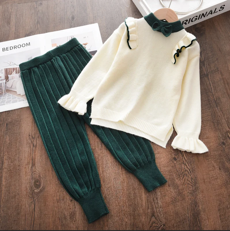 

Bear Leader Casual Autumn Winter Fashion Girls Bow Knitted Thick Clothes Set Kids Warm Long Sleeve Sweater Pants Set Baby Outfit