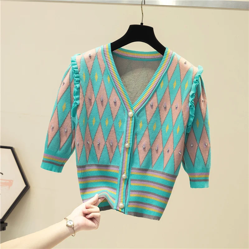 

New Runway Women Summer V-Neck Diamond Plaid Knitwear Sweet Vintage Knitted Sweater Single-Breasted Ice Silk Short Cardigan Tops