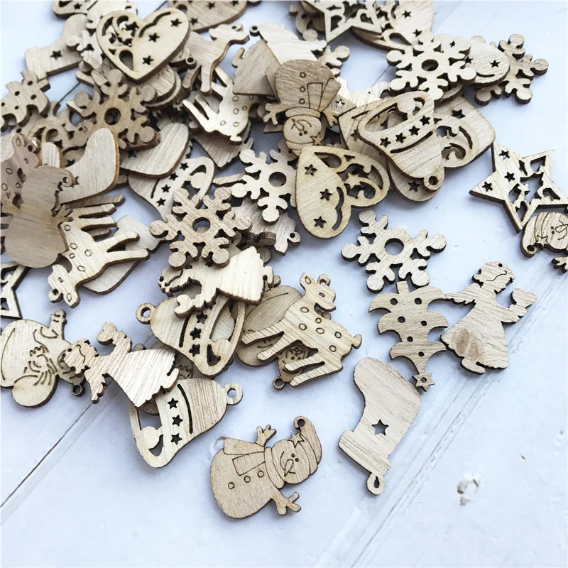 50/100 шт. DIY Плетеный абажур из натурального дерева чип Рождественская елка висячие украшения кулон подарки для детей Снеговик Форма Рождество украшения для дома