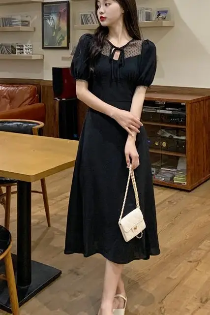 

COIGARSAM 4XL Plus Size French Style Patchwork Women dress Belt Mesh Dresses Black 9663