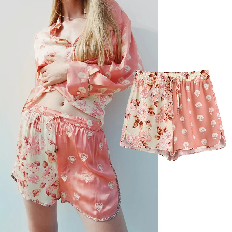 

BTB.WO Za 2021 Patchwork High Waist Short Pants Woman Summer Streetwear Casual Shorts Vintage Streetwear Loose Short Pants