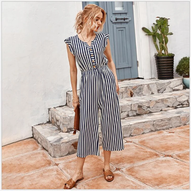 

Stripe Jumpsuit Women Summer Sexy short Sleeve Bodysuit Women Rompers Fashion Office Lady Pants Trouser Women Overalls G641
