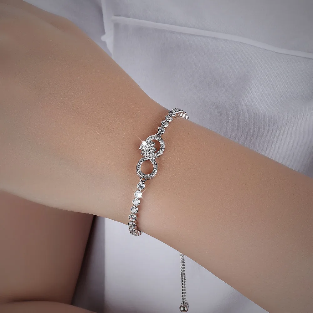 

OPK Cubic Zirconia Tennis Bracelet For Women Girls Infinite With Leaves Design Length Adjustable Box Chain Jewelry Gift DS963