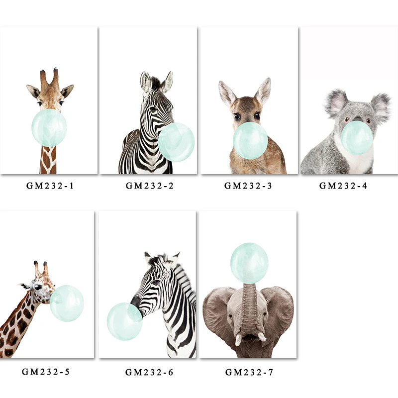 

Nursery Decor Animal Jungle Pink Bubble Gum Canvas Prints Painting Baby Custom Print Picture Personalized Posters for Kids Room