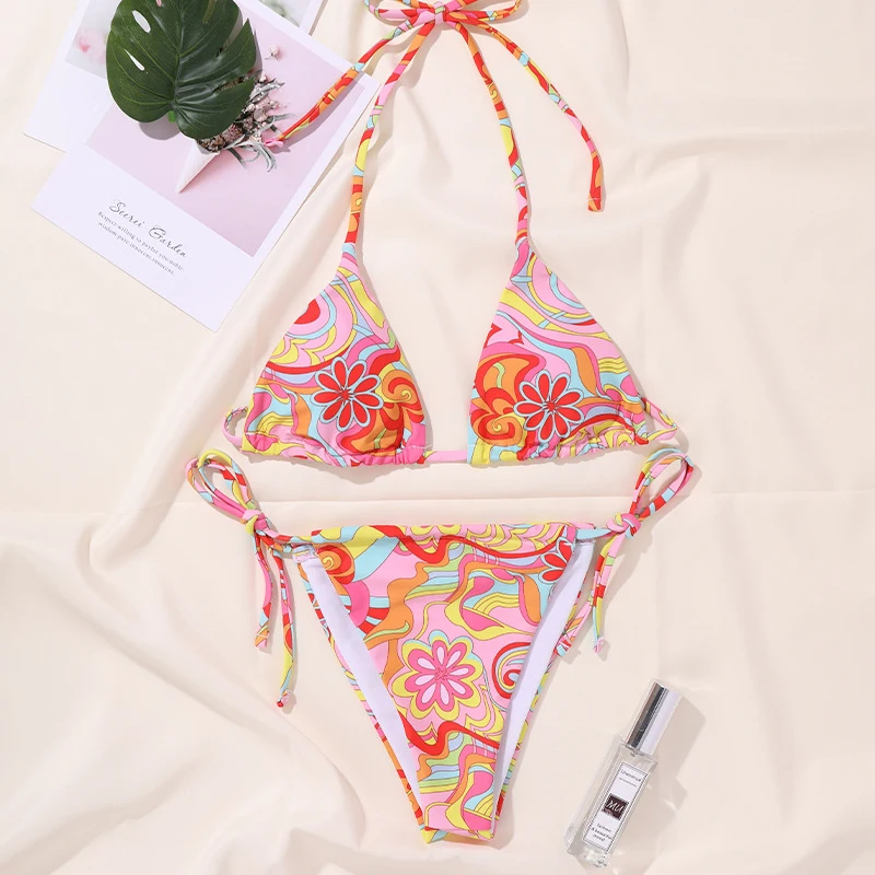 

Women String Bandage Beachwear Halter ELAN MILRE Sexy Vintage Flower Print Swimsuit Bikini Set Mini Thong Swimwear