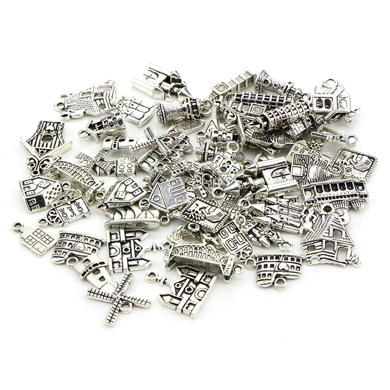 

60Pcs Silver Bulding Pendant Charms Scrapbooking Embellishments DIY Bracelet Necklace Jewelry Accessories DIY Art Decoration