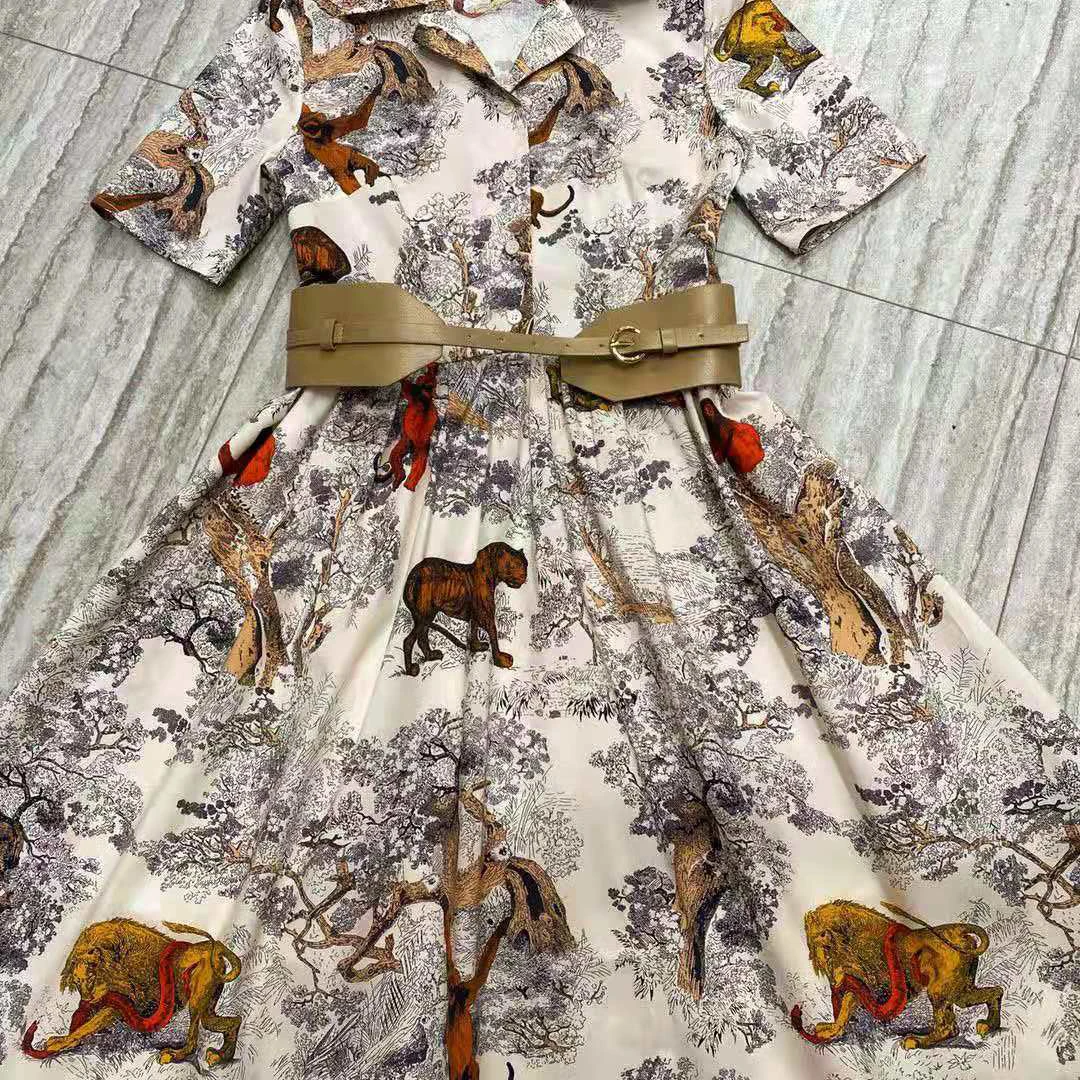 

AELESEEN Runway Fashion 100% Cotton Dress 2021 Women Summer Shirt Dress Turn-Down Collar Flower Animal Print Belt Elegant Dress