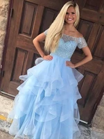 off the shoulder ruffles organza long prom dresses with beading light blue graduation prom party dress short sleeves ball gown