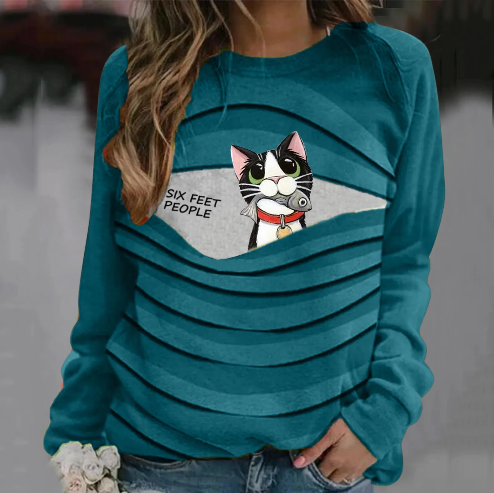 Женская Повседневная рубашка с длинным рукавом и принтом кошки свободная