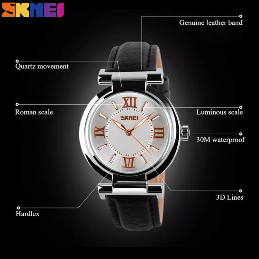 SKMEI роскошные часы женские кварцевые Топ бренд кожаный ремешок модные платья
