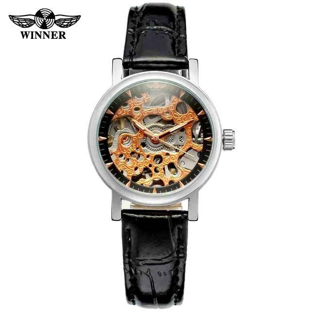 rose gold black Бренд WINNER, женские автоматические механические часы со скелетонным циферблатом и кожаным ремешком, женские часы - Цвет: rose gold black