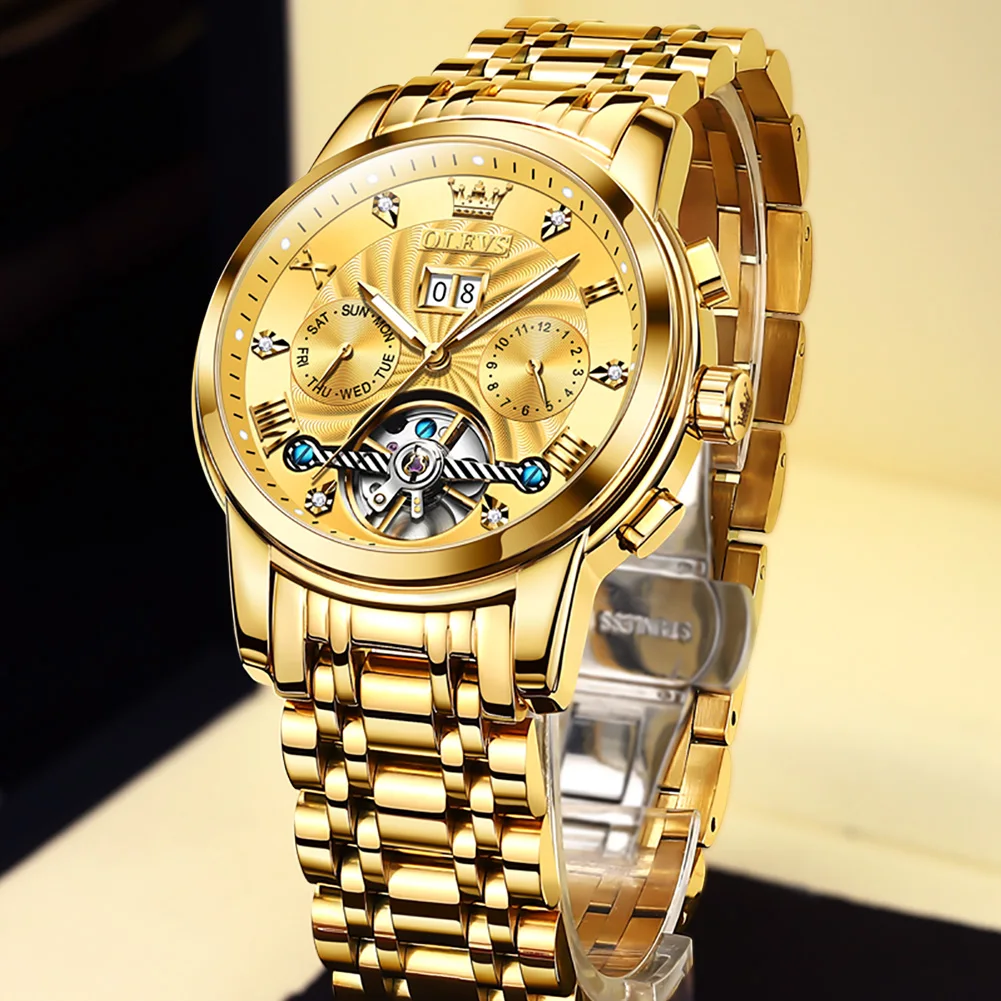 

OLEVS Tourbillon Men Watches Top Brand Luxury Automatic Mechanical Business Clock Gold Watch Reloj Mecanico Hombres 9910