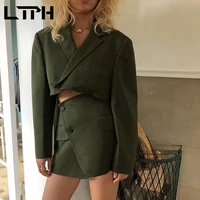 ltph corduroy high waist package hip skirt suits slim cropped blazer two piece set women jacket casual outfits 2021 autumn new